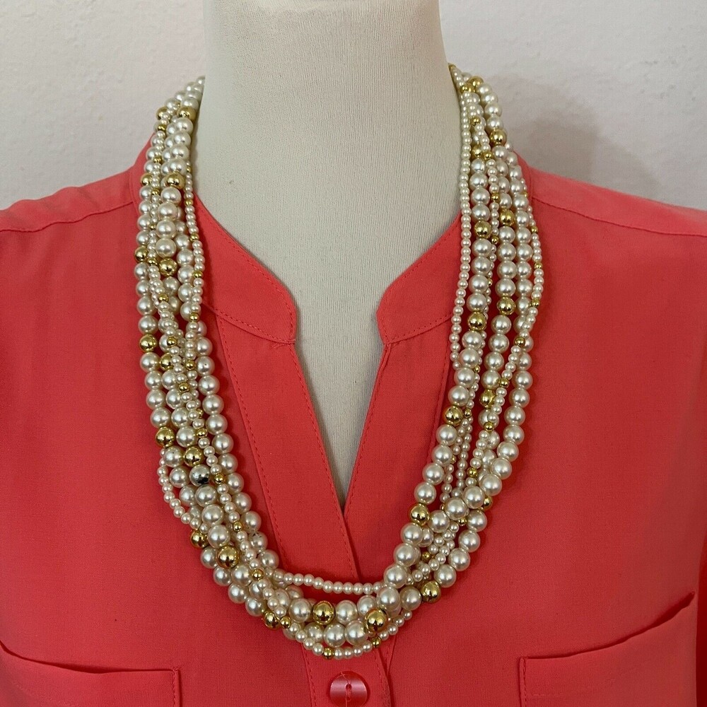 Faux Pearl‎ White Gold-tone Beaded Multi-strands Necklace Fashion Jewelry NWOT